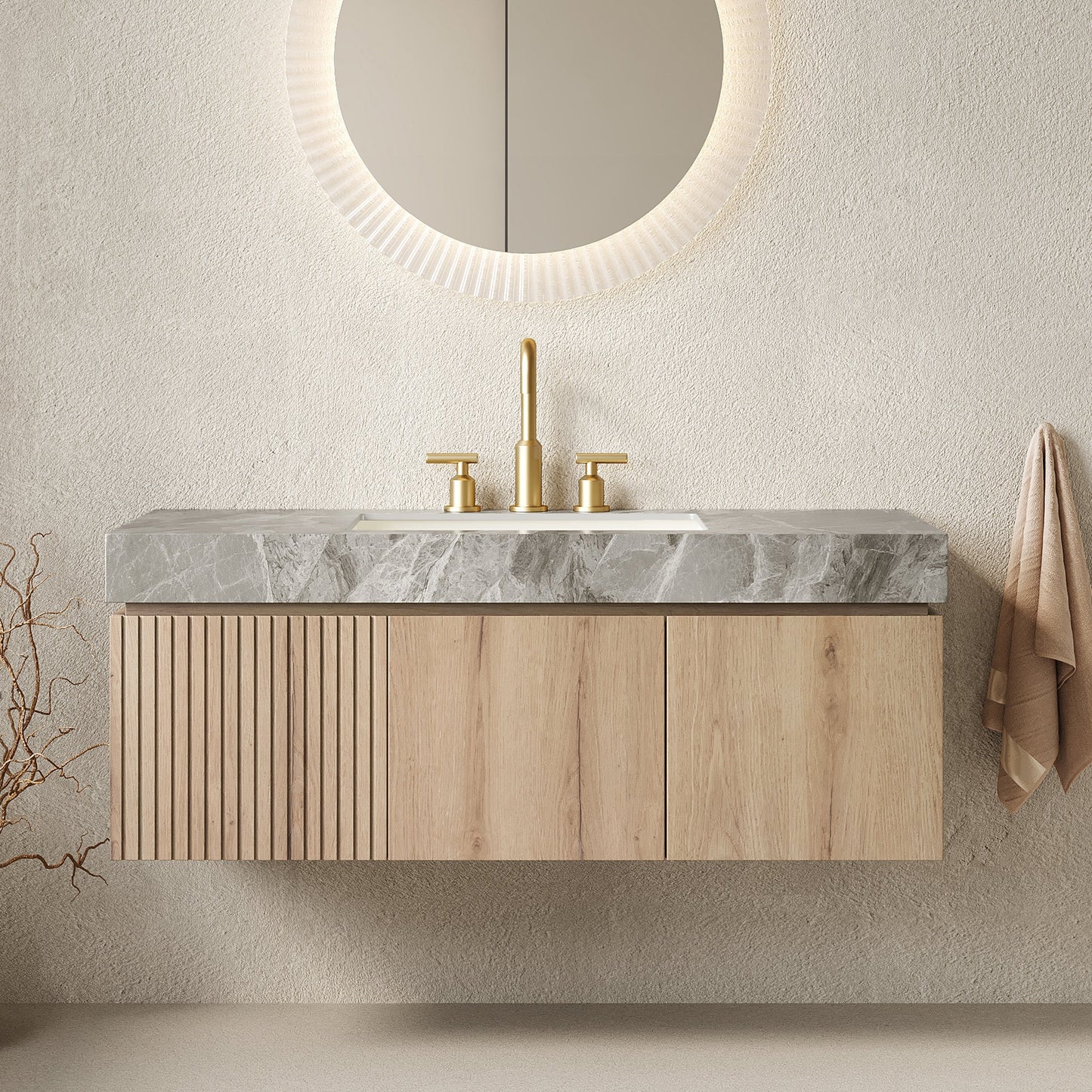 MURI 48in floating bathroom vanity with marble countertop, cabinet, gold faucet, mirror on Tampa Home & Garden Store