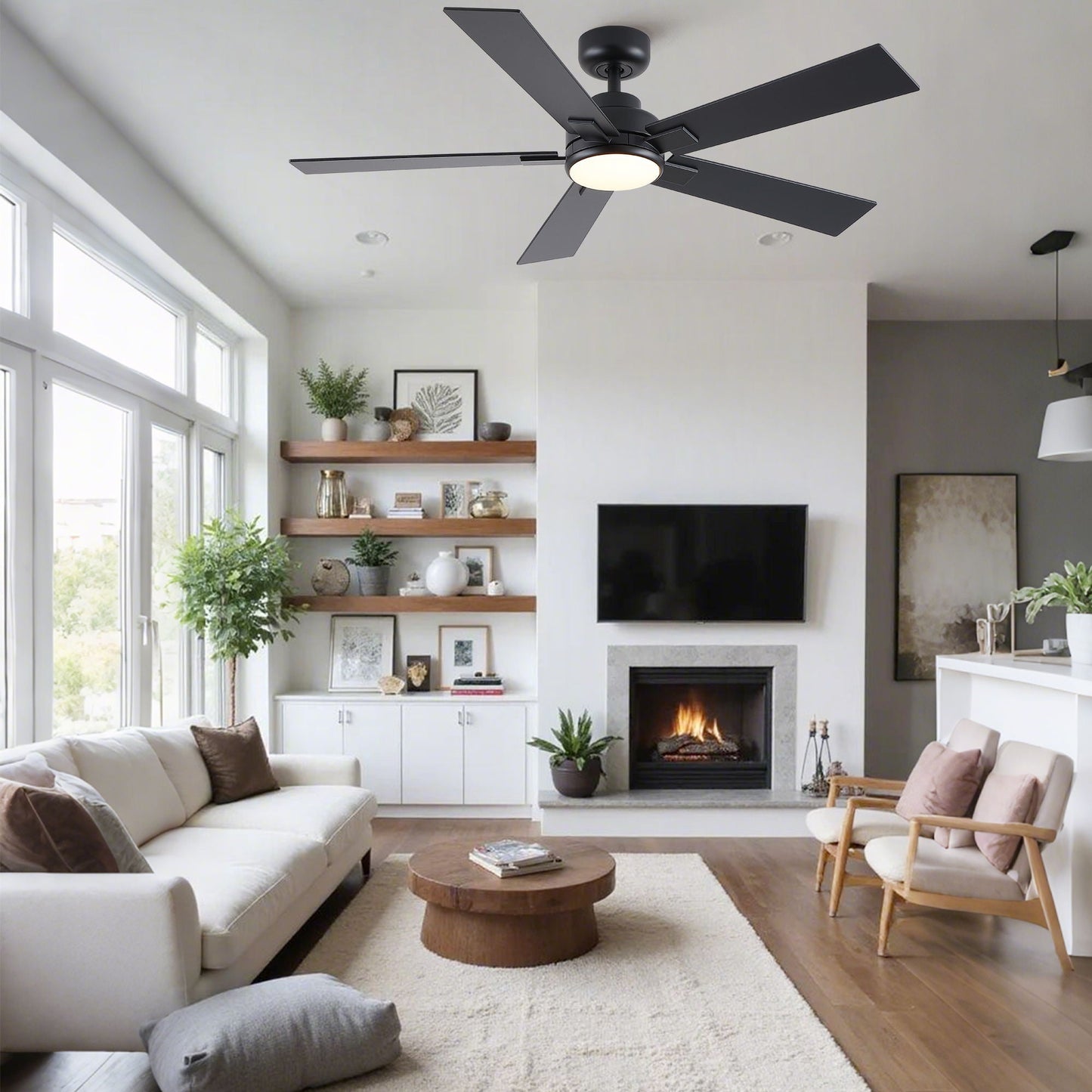 Ceiling fan with light by HouseOfZazla, reversible motor LED dimmable, black blades on Tampa Home & Garden Store