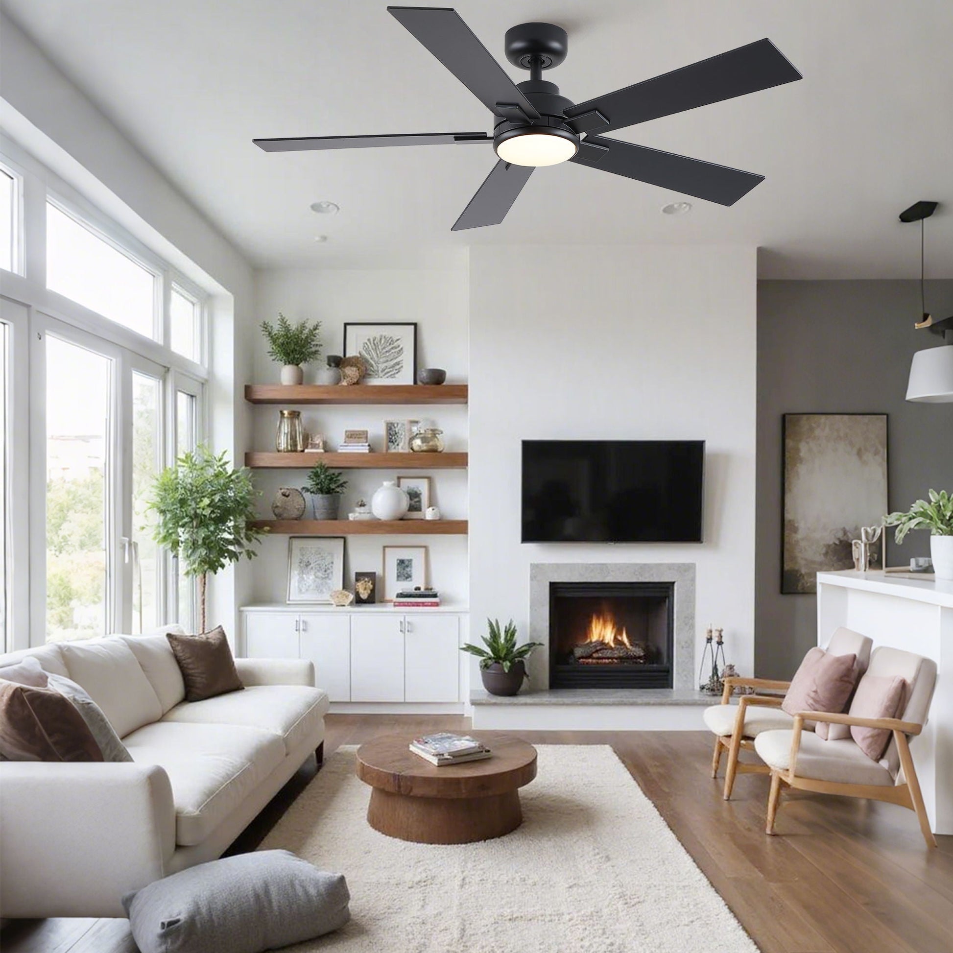 Ceiling fan with light by HouseOfZazla, reversible motor LED dimmable, black blades on Tampa Home & Garden Store