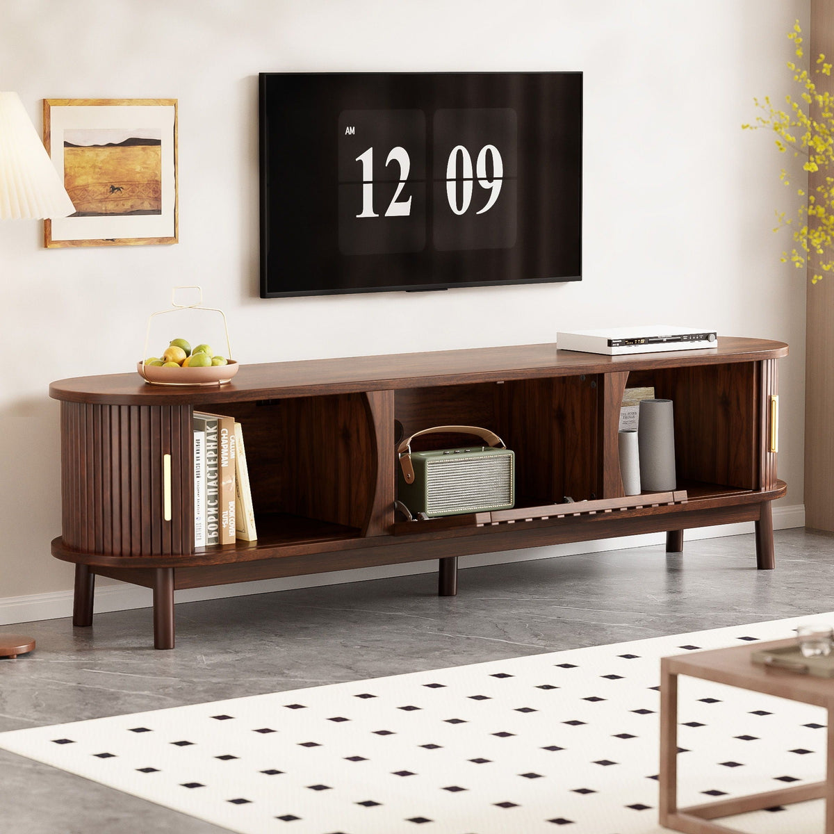HouseOfZazla TV Stand Entertainment Center in dark brown wood with grooved sides on Tampa Home & Garden Store