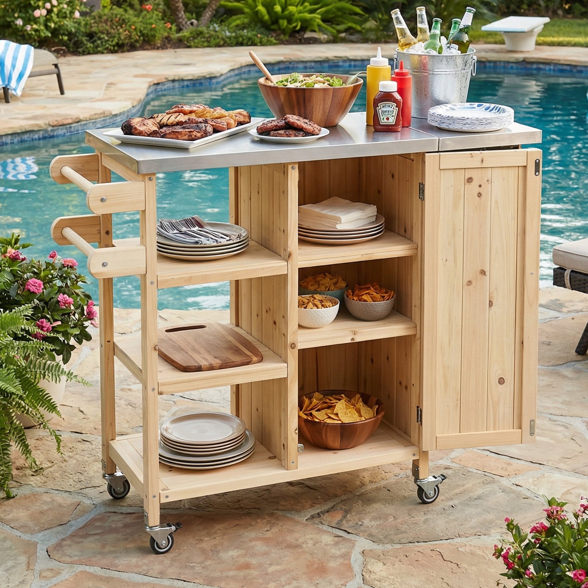 Foldable outdoor kitchen island cart with stainless steel top and natural wood frame on wheels on Tampa Home & Garden Store