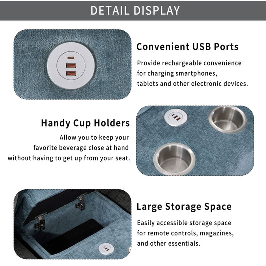 Sectional sofa 3-piece set with removable ottomans, USB ports, and cup holders in gray blue on Tampa Home & Garden Store