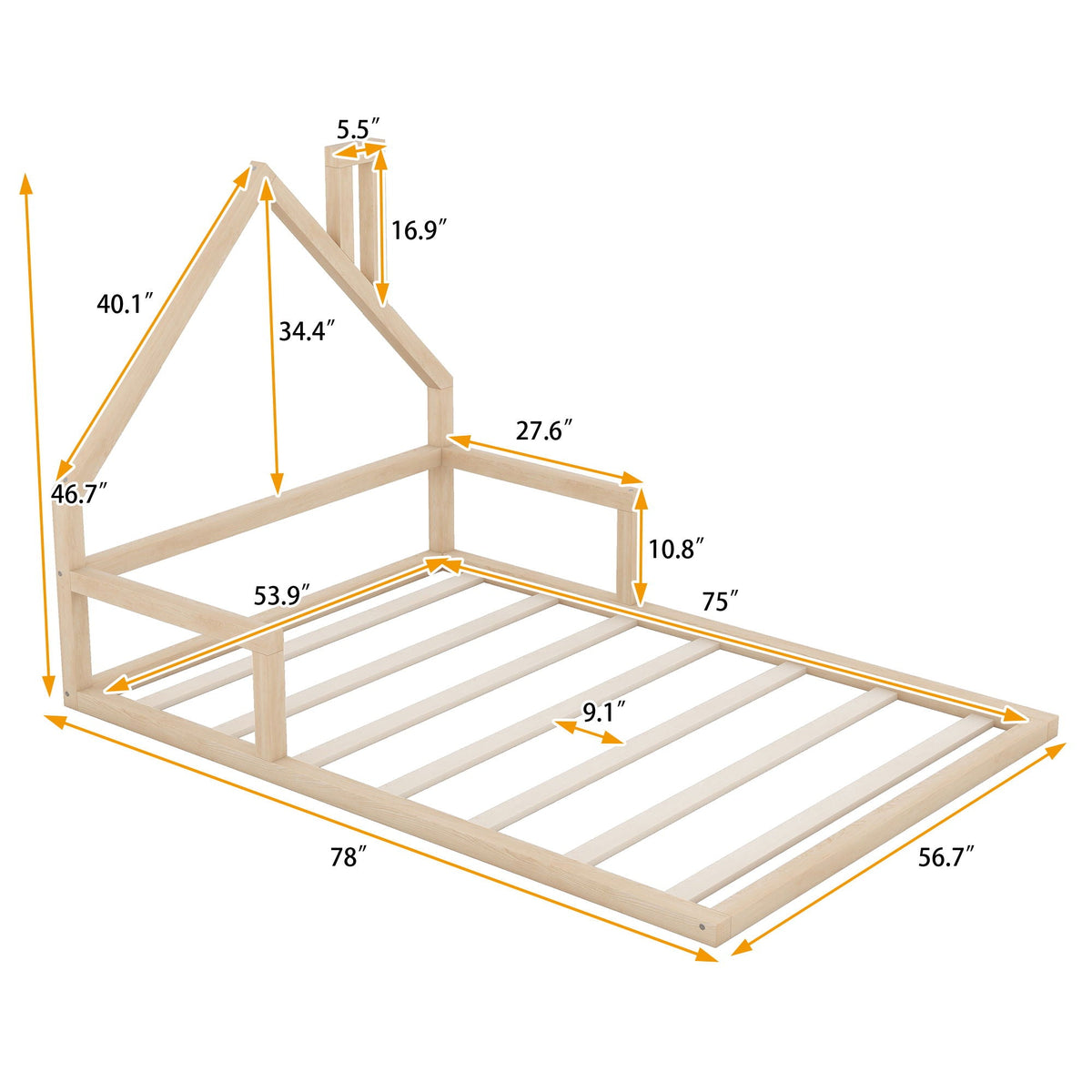 Elegant floor bed frame in natural wood with house-shaped headboard by HouseOfZazla on Tampa Home & Garden Store