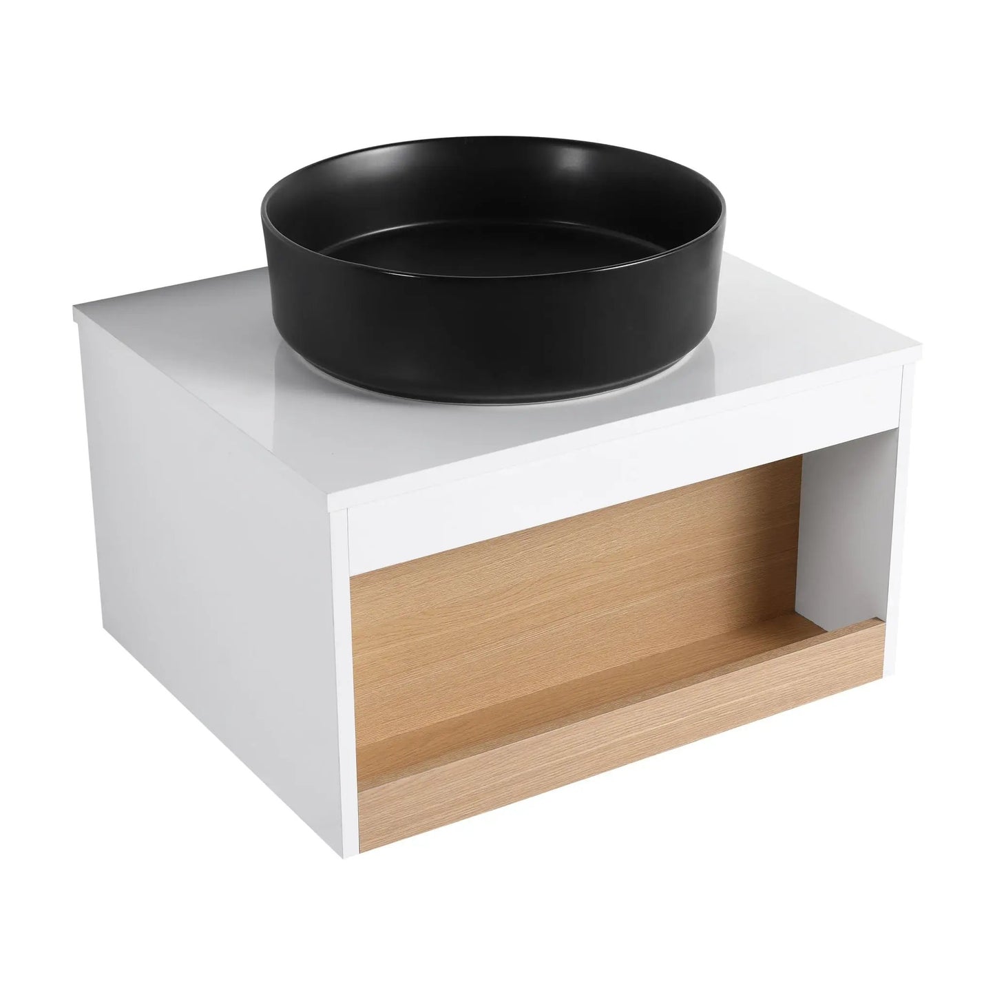 Floating vanity with glossy black round vessel sink atop white cabinet by Unique Piece Furniture on Tampa Home & Garden Store