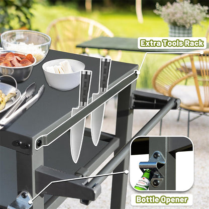 Outdoor Grill Table with 3 Shelves and Wheels