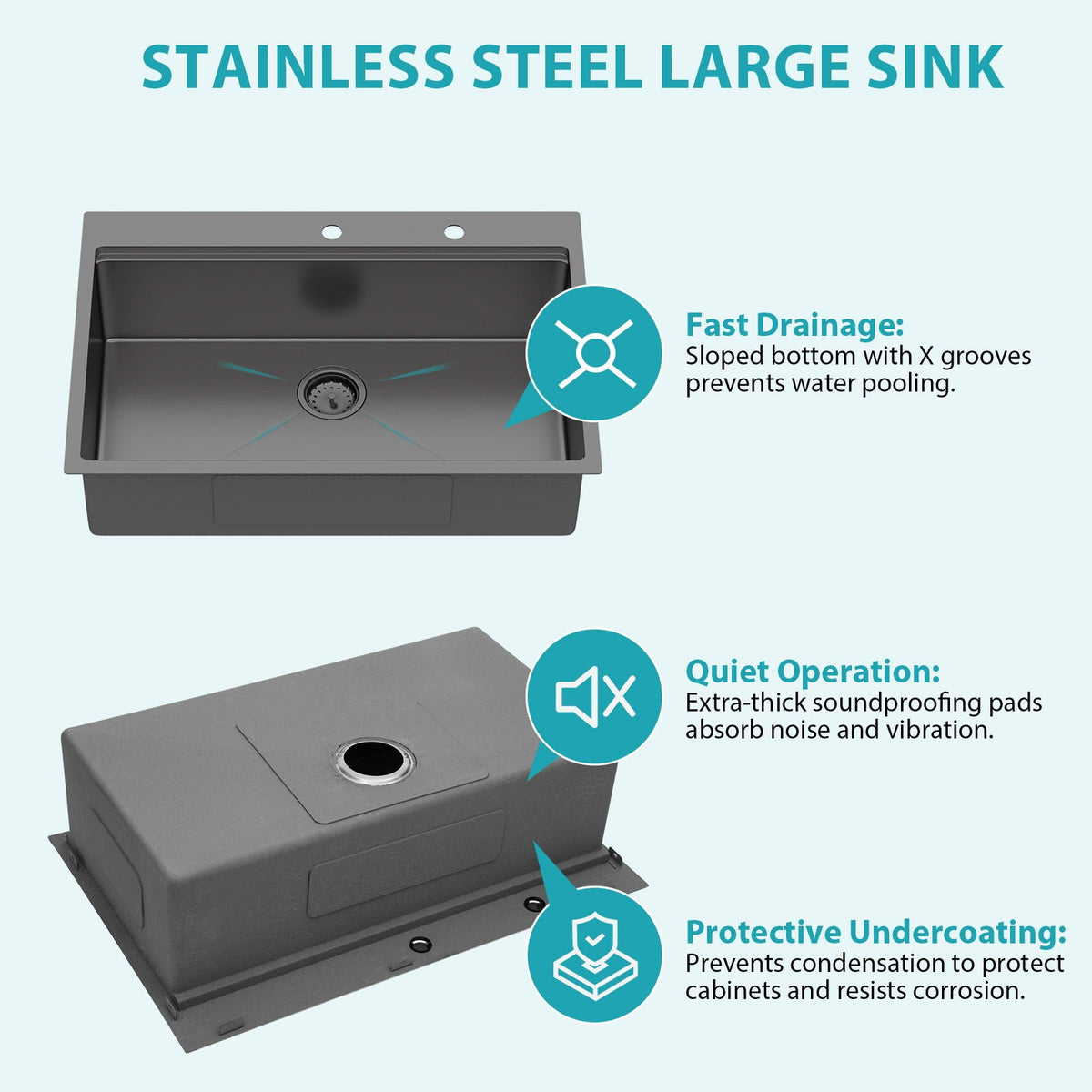 Drop-in kitchen sink with pull-out faucet and soap dispenser, gunmetal black, single bowl on Tampa Home & Garden Store