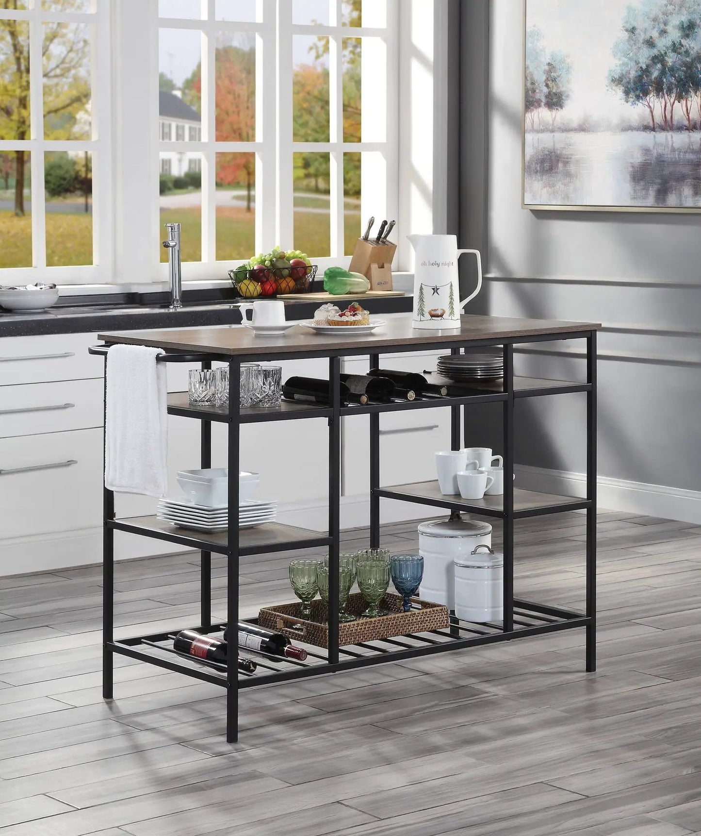 Lona Kitchen Island Rustic Oak and Black Finish