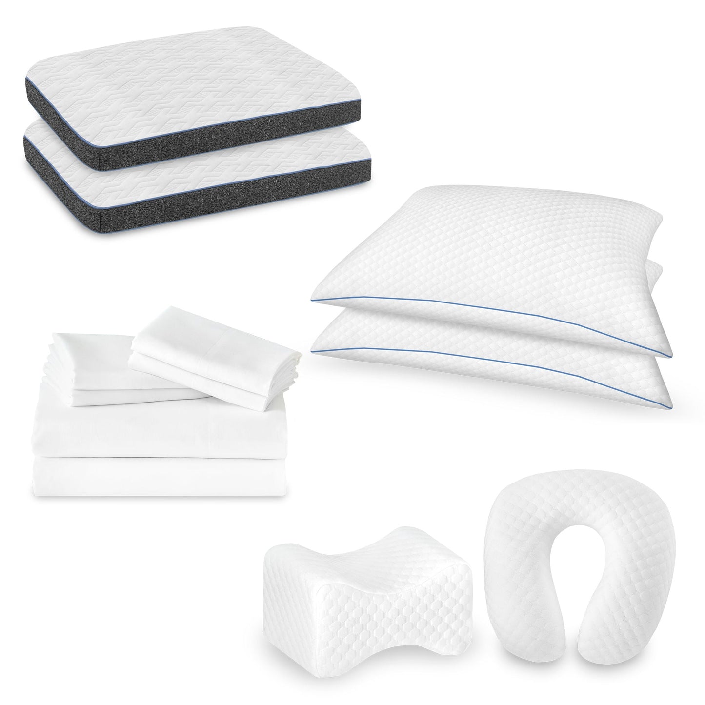12 Piece Premium Comfort Bedding Pack white quilted sheets and pillow set with blue piping on Tampa Home & Garden Store