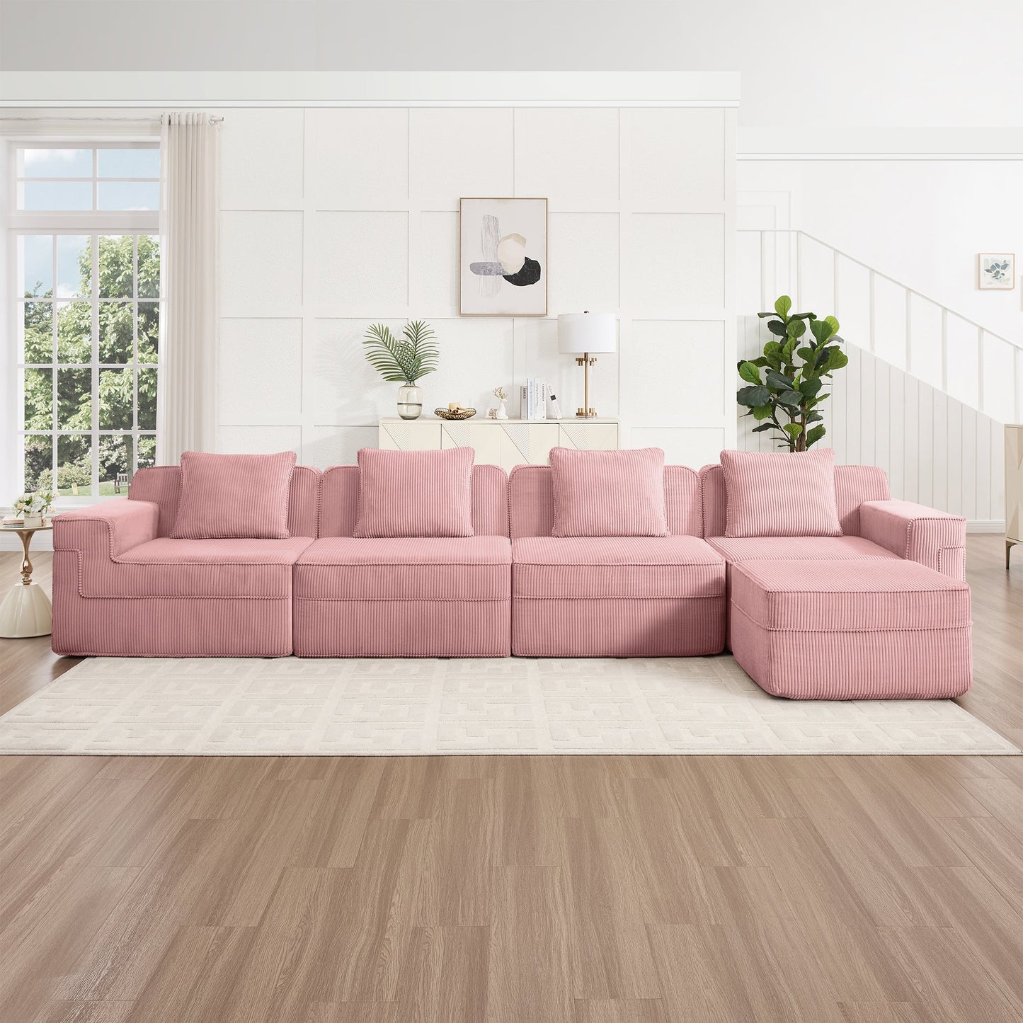 Modular 4-seat L-shaped boneless sofa in pink corduroy upholstery on Tampa Home & Garden Store