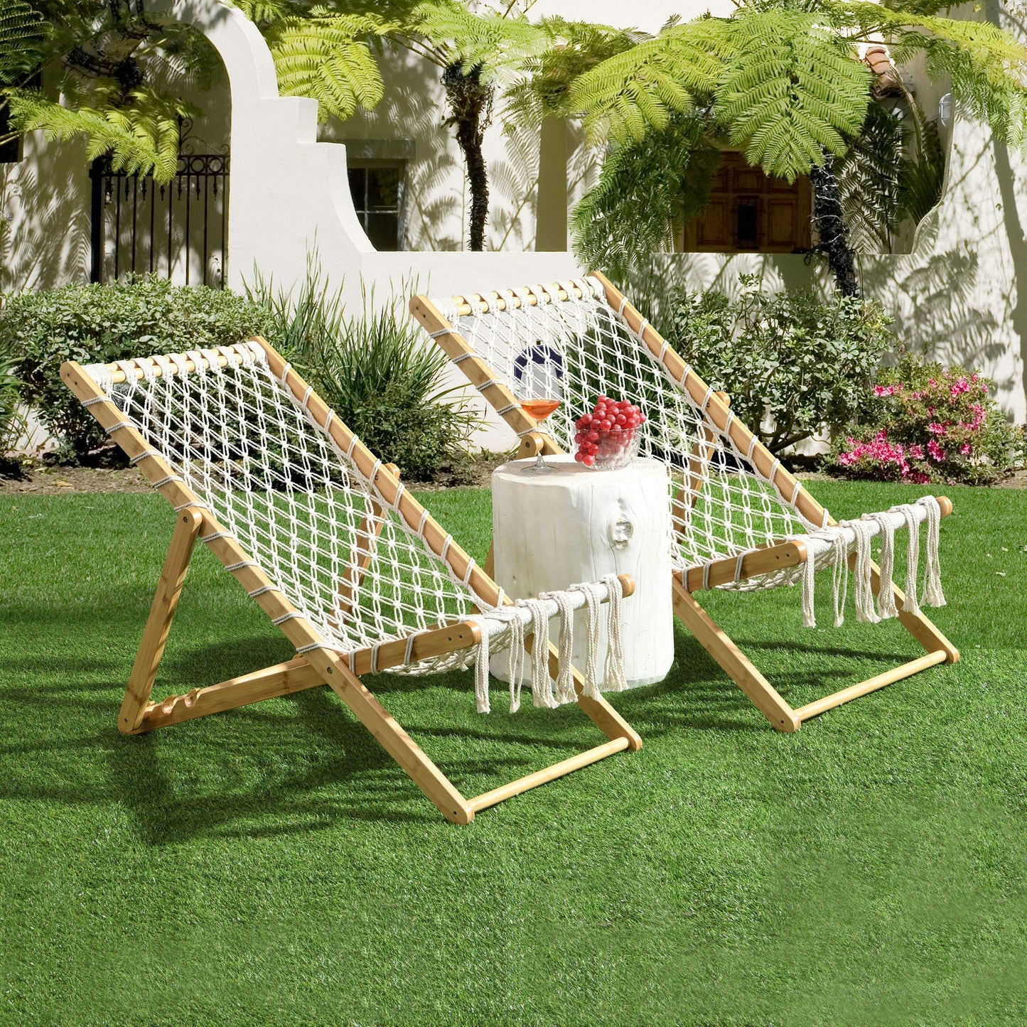 Three bamboo weaving chairs with handwoven white rope, natural finish for outdoor patio on Tampa Home & Garden Store