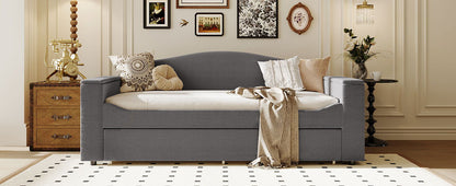 Upholstered gray daybed with storage armrests and built-in trundle, integrated audio on Tampa Home & Garden Store