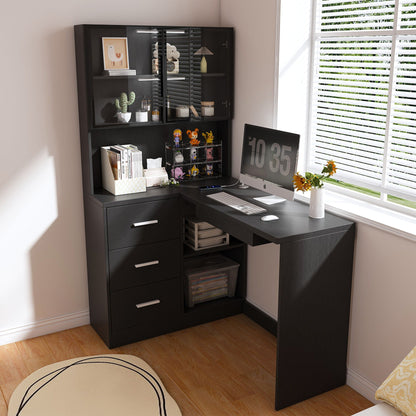L-Shaped computer desk with glass-front cabinets, USB ports, black finish by HouseOfZazla on Tampa Home & Garden Store
