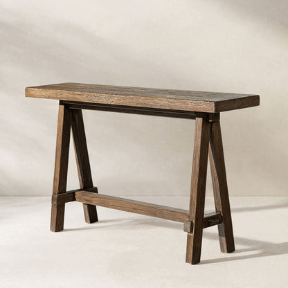 Trestle coffee table in reclaimed elm with dark brown finish and trestle legs by HouseOfZazla on Tampa Home & Garden Store