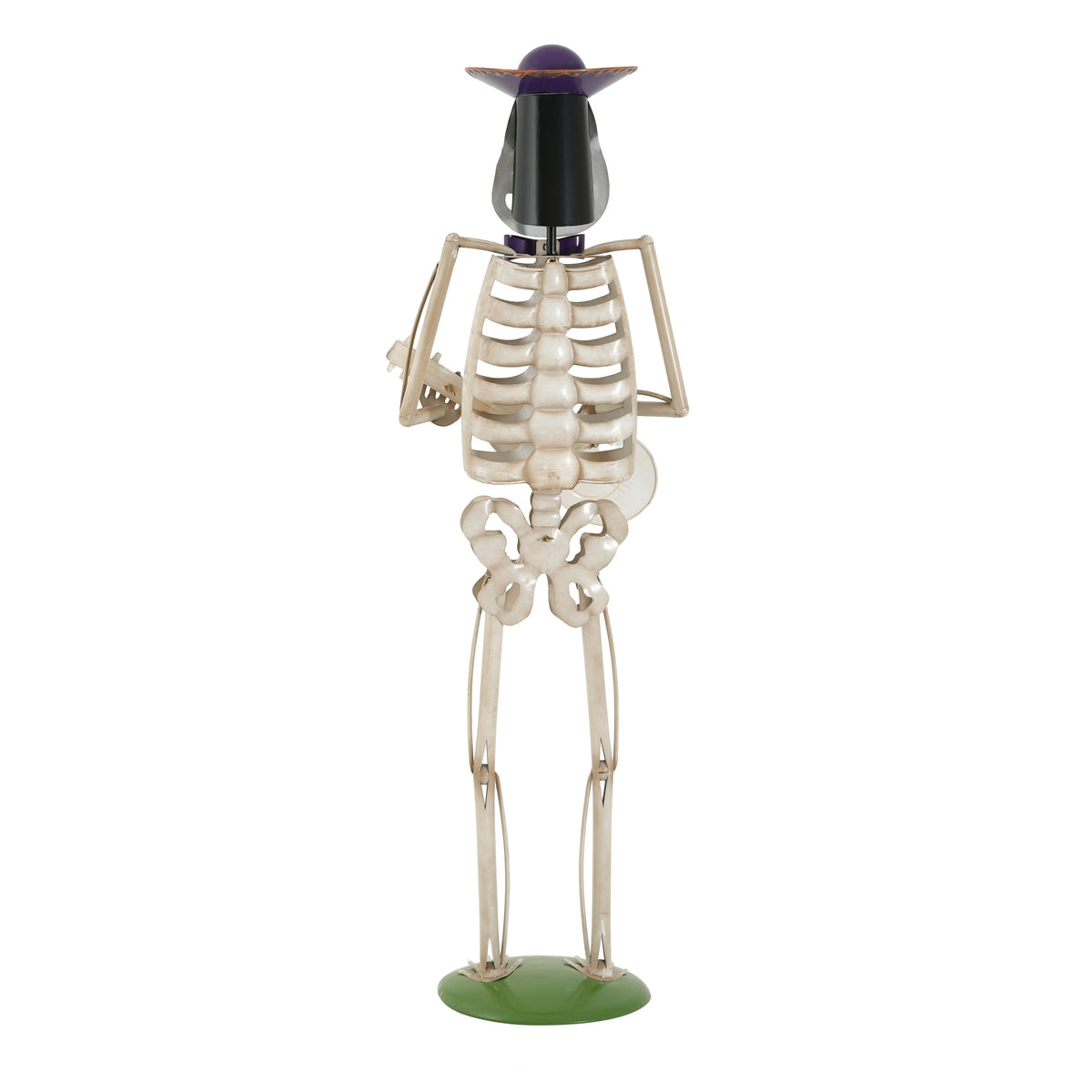 Halloween skeleton yard decor with metal guitar, purple hat, beige bones on green base on Tampa Home & Garden Store