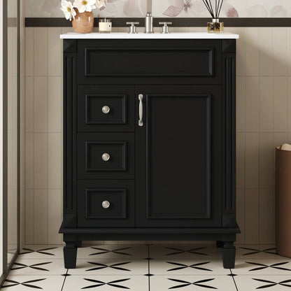 Bathroom vanity in black with white top, 2 drawers and a cabinet, chrome hardware on Tampa Home & Garden Store