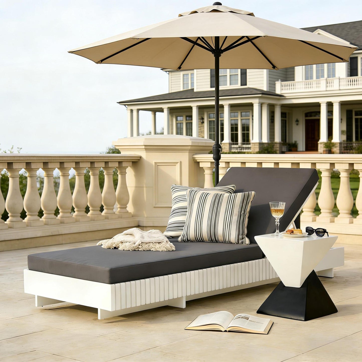 White Acacia Outdoor Lounge with Grey Cushion