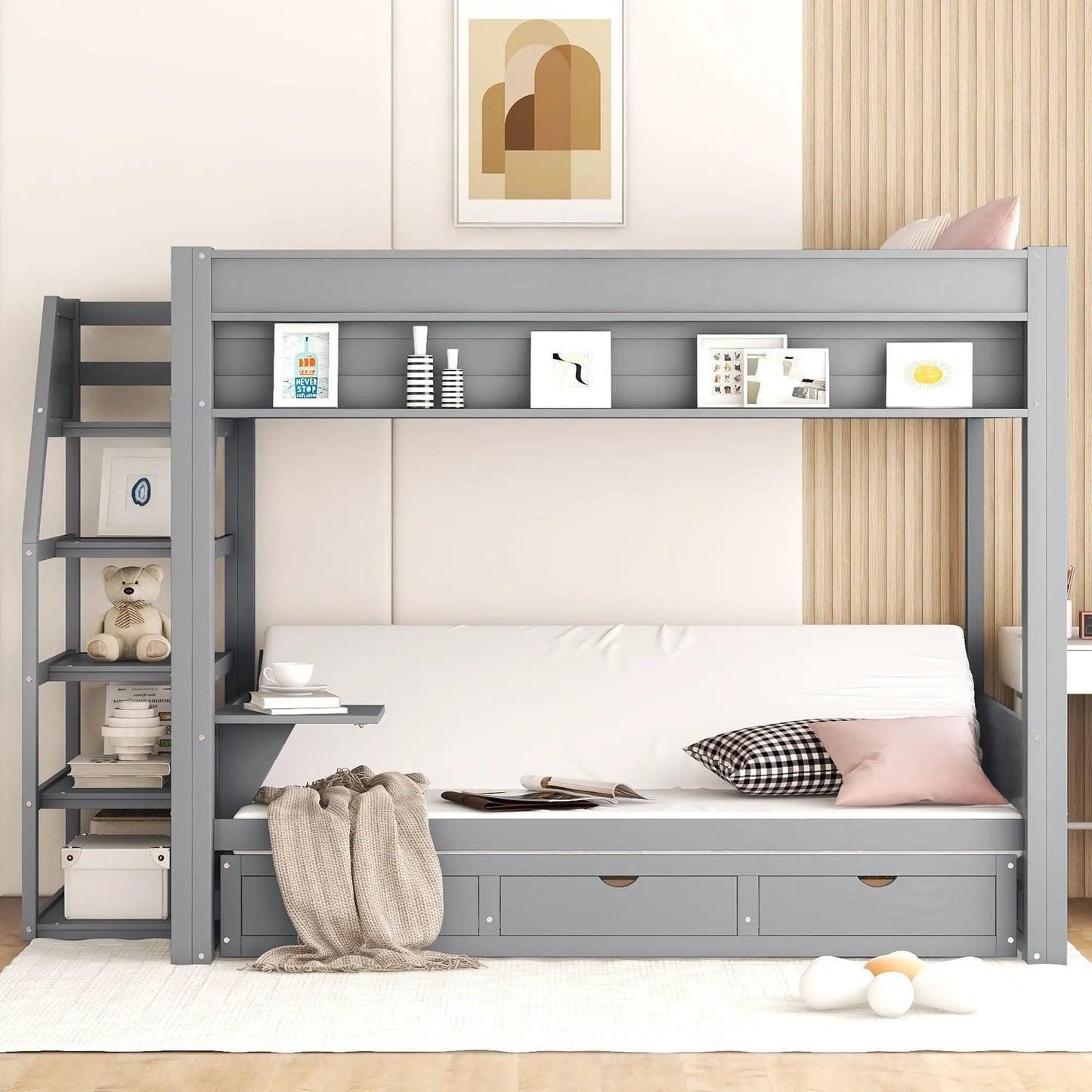 Wood Full Size Convertible Bunk Bed with Storage