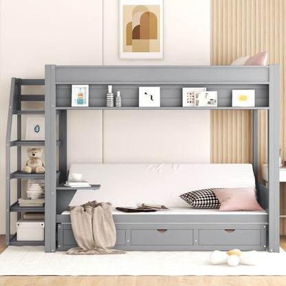 HouseOfZazla gray wood full-size bunk bed with storage staircase and 3 drawers on Tampa Home & Garden Store