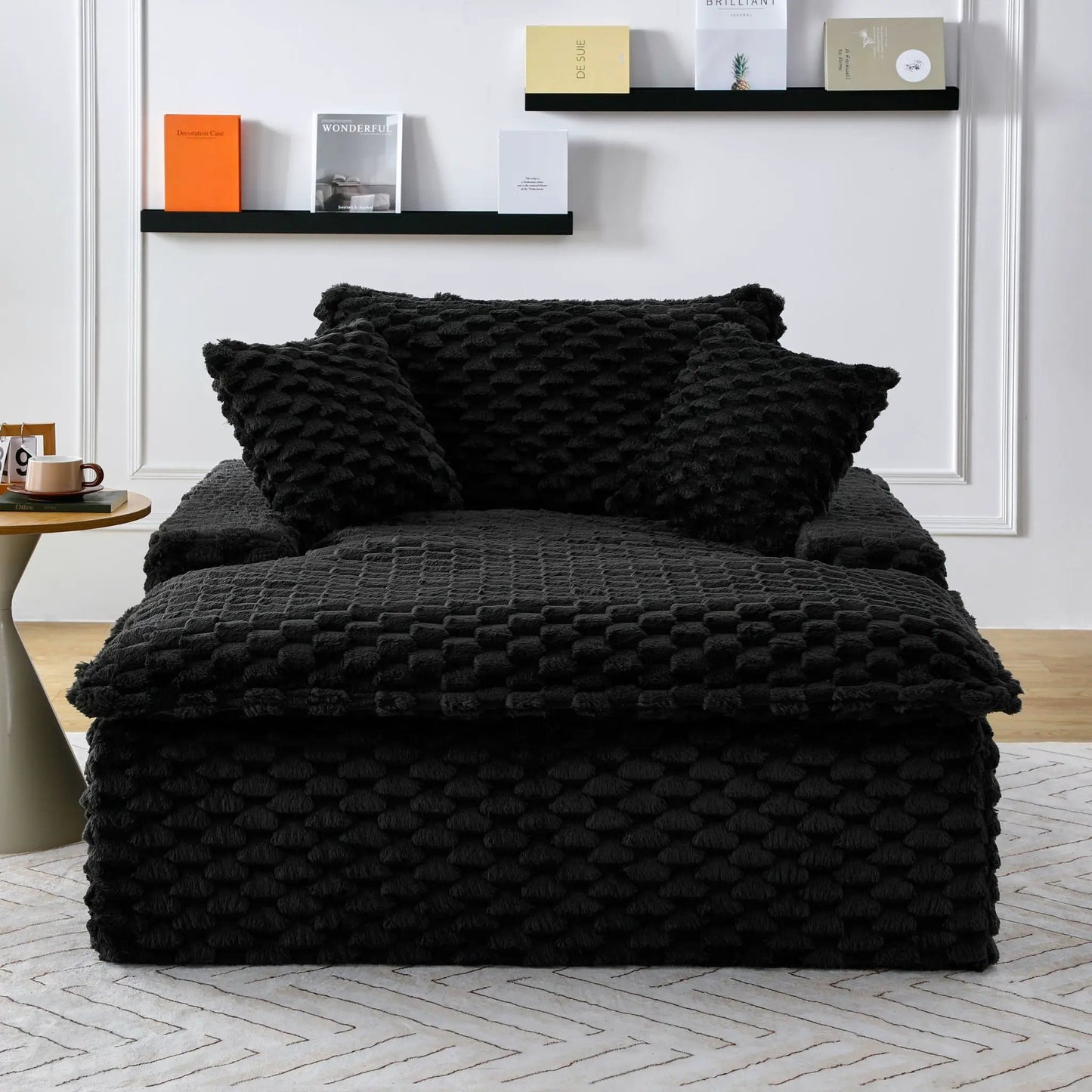 Harbor luxury turtle fleece sofa black plush cushions stacked on bed by Unique Furniture on Tampa Home & Garden Store