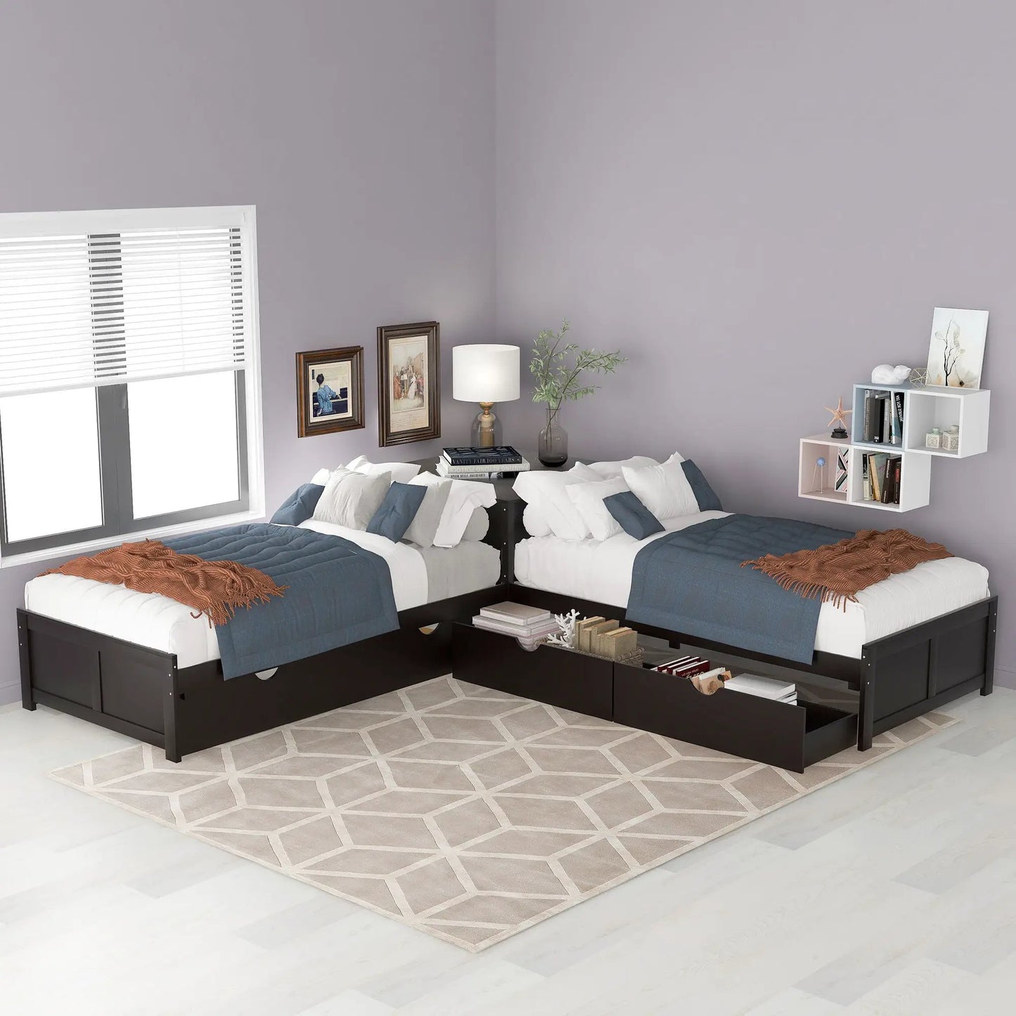 L-shaped twin platform beds with trundle and drawers, black finish, blue gray bedding on Tampa Home & Garden Store