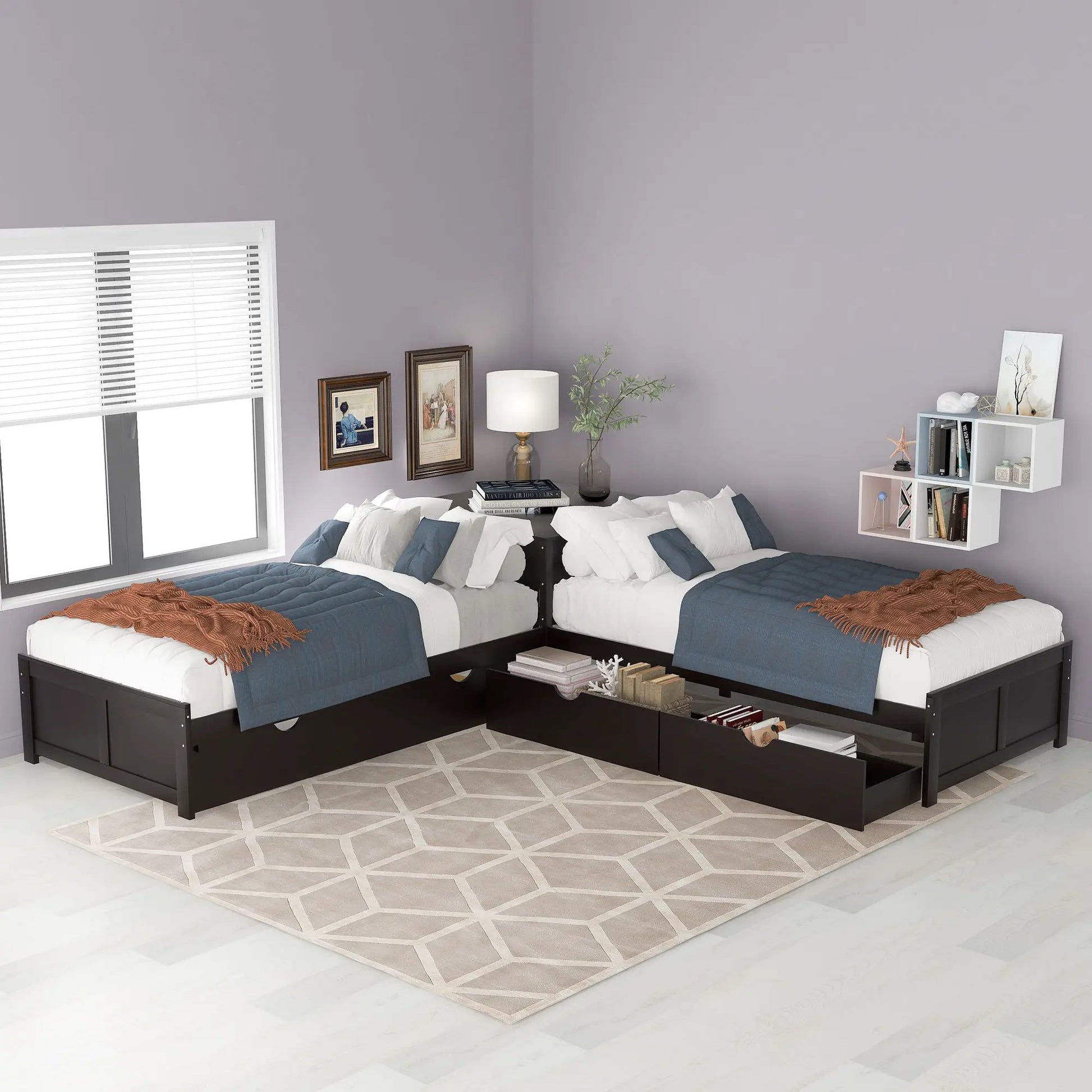 L-shaped twin platform beds with trundle and drawers, black finish, blue gray bedding on Tampa Home & Garden Store