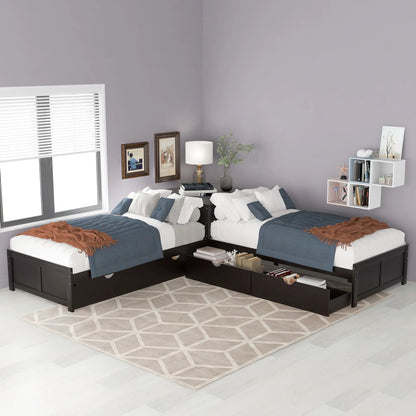 L-shaped twin platform beds with trundle and drawers, black finish, blue gray bedding on Tampa Home & Garden Store