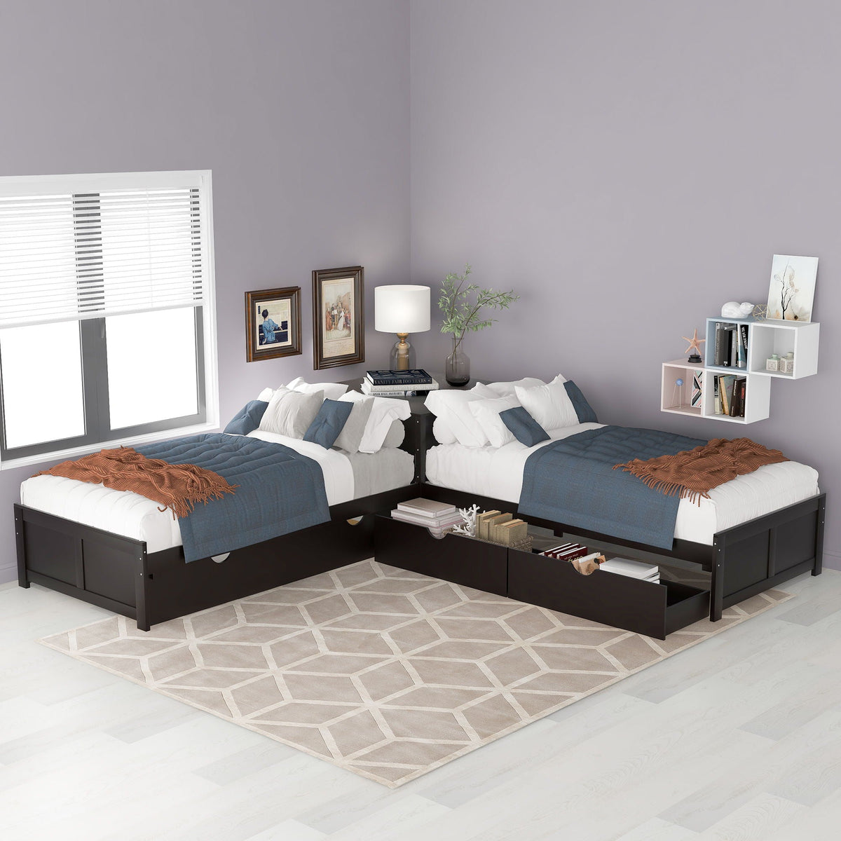 L-shaped twin platform bed with trundle, drawers and built-in desk in a dark finish on Tampa Home & Garden Store