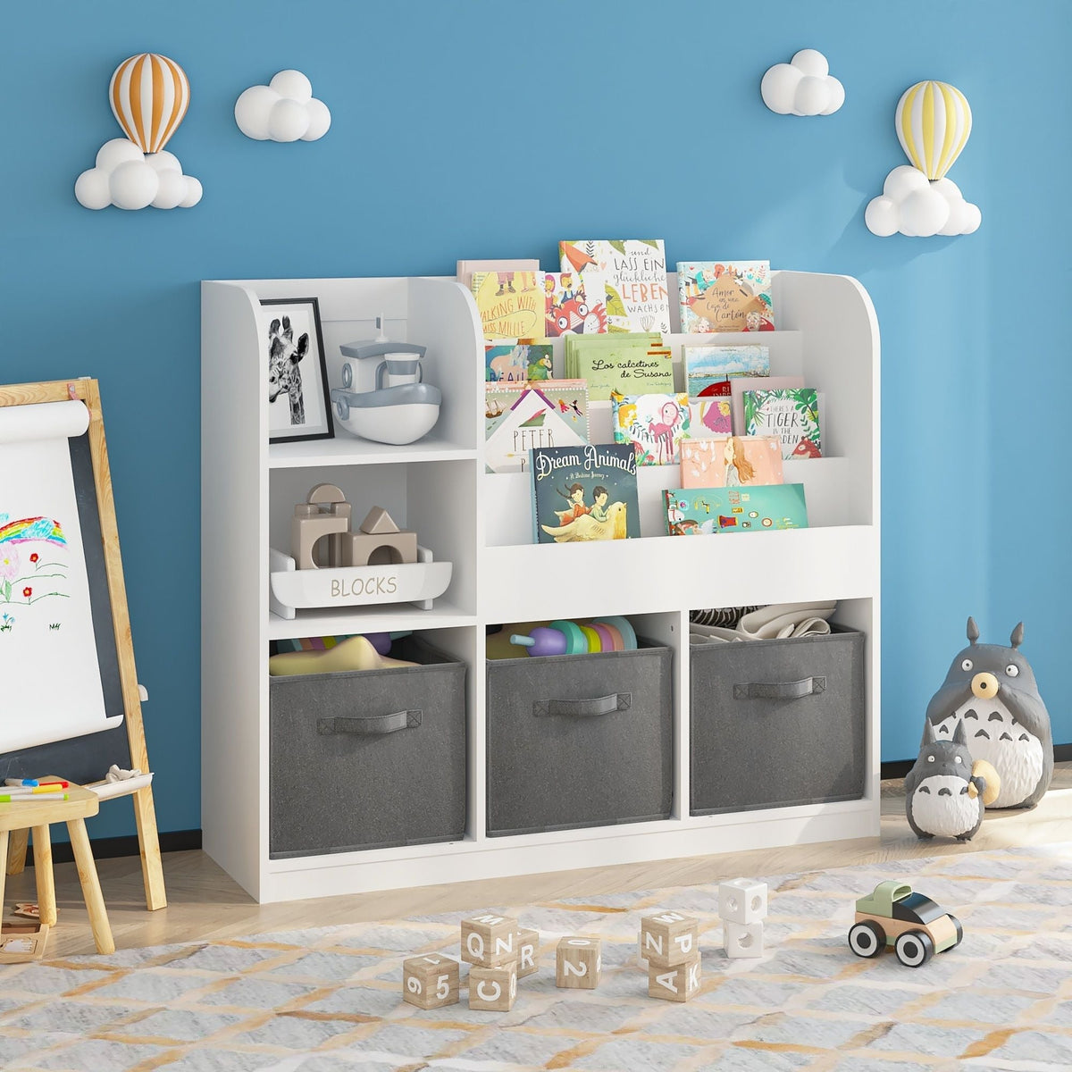 Bookcase and Bookshelf with 3 collapsible drawers, white frame and gray fabric bins on Tampa Home & Garden Store