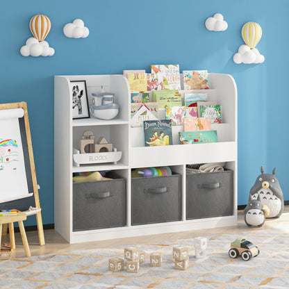 Bookcase and Bookshelf with 3 collapsible drawers, white frame and gray fabric bins on Tampa Home & Garden Store
