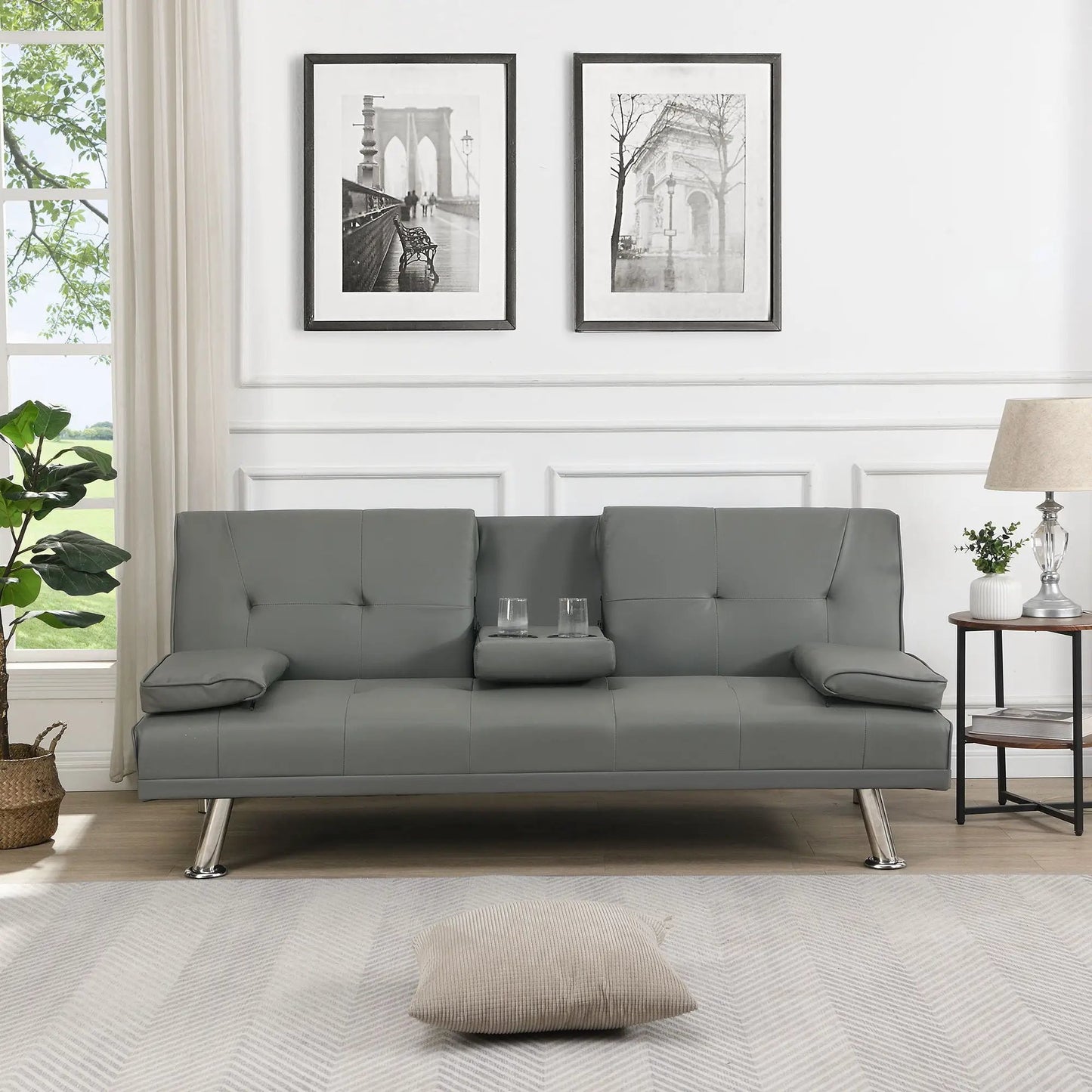 Futon sofa bed in gray with wood frame and stainless legs, cup holders, Unique Piece Furniture on Tampa Home & Garden Store