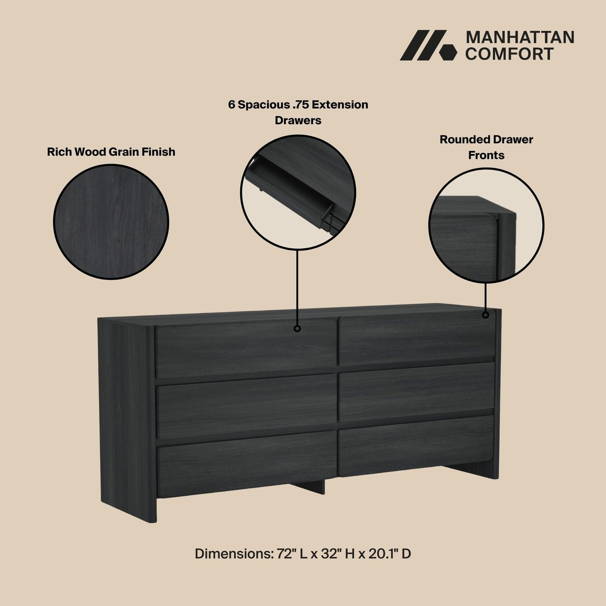 Double Wide Dresser 6-Drawer in dark wood grain with rounded fronts by HouseOfZazla on Tampa Home & Garden Store
