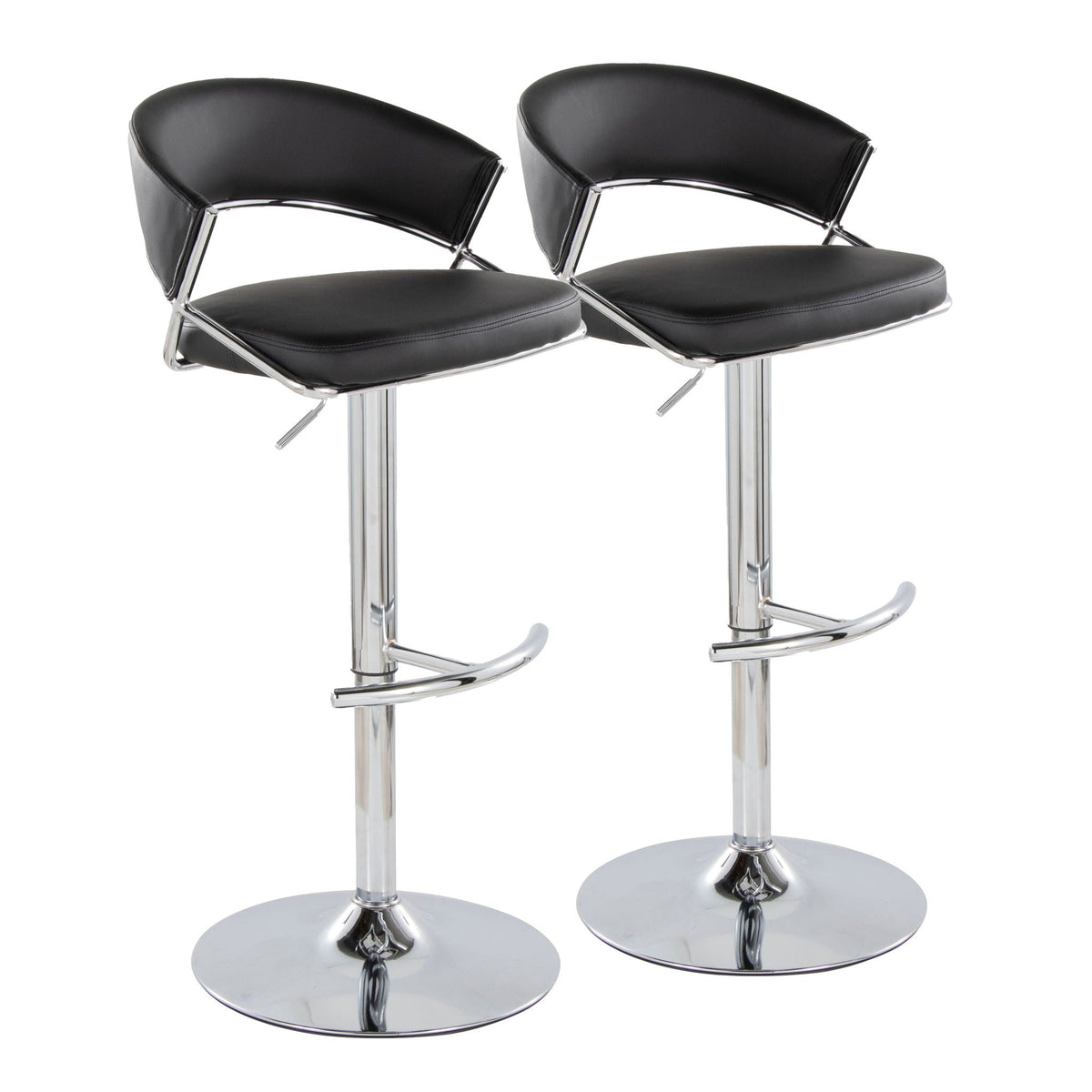 Contemporary adjustable bar stool pair, black faux-leather seats with chrome bases, swivel on Tampa Home & Garden Store