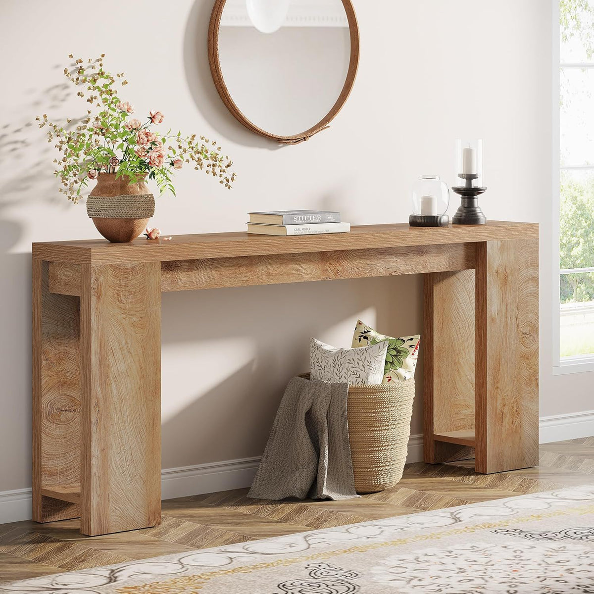 Extra Long Farmhouse Console Table in light brown solid wood with visible grain on Tampa Home & Garden Store