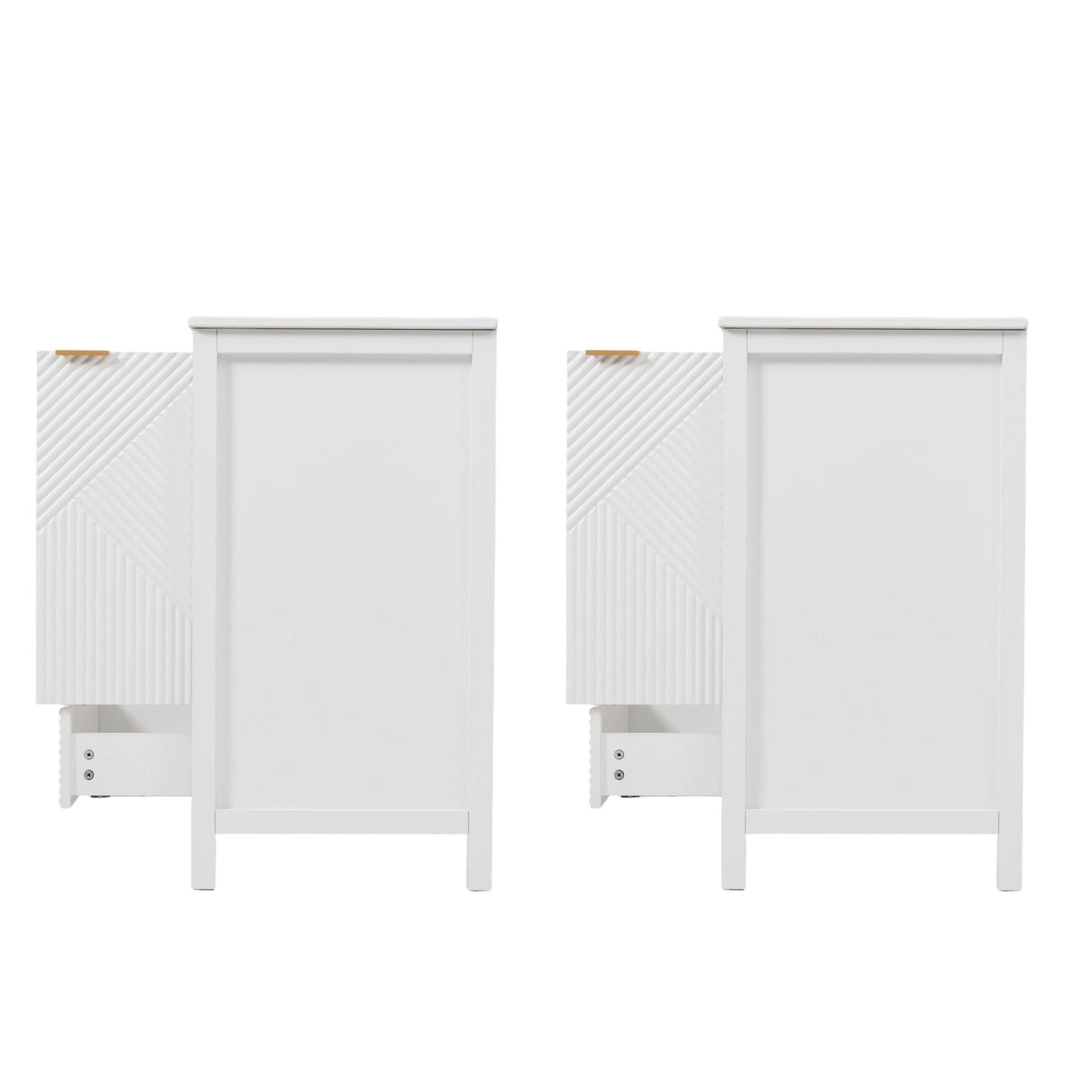 Pair of white modern bathroom vanities with integrated sinks for compact storage on Tampa Home & Garden Store