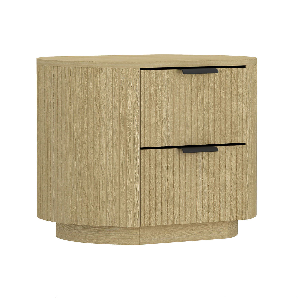 Oak Nightstand with 2 Drawers – Ribbed Texture, natural oak finish, black drawer pulls on Tampa Home & Garden Store
