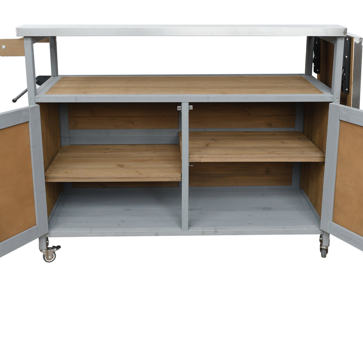 Foldable outdoor kitchen island cart with gray metal frame and wooden shelves on wheels on Tampa Home & Garden Store