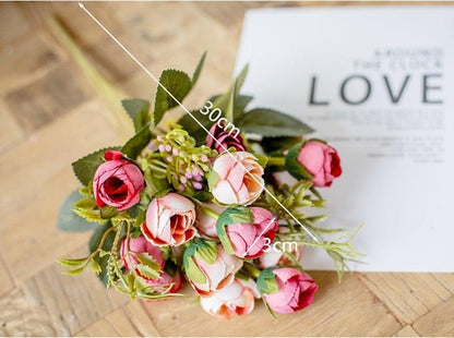 Stevvex 15-head silk tea rose bouquet pink/peach bridal wedding decor ST50DE7312VAE on Tampa Home & Garden Store