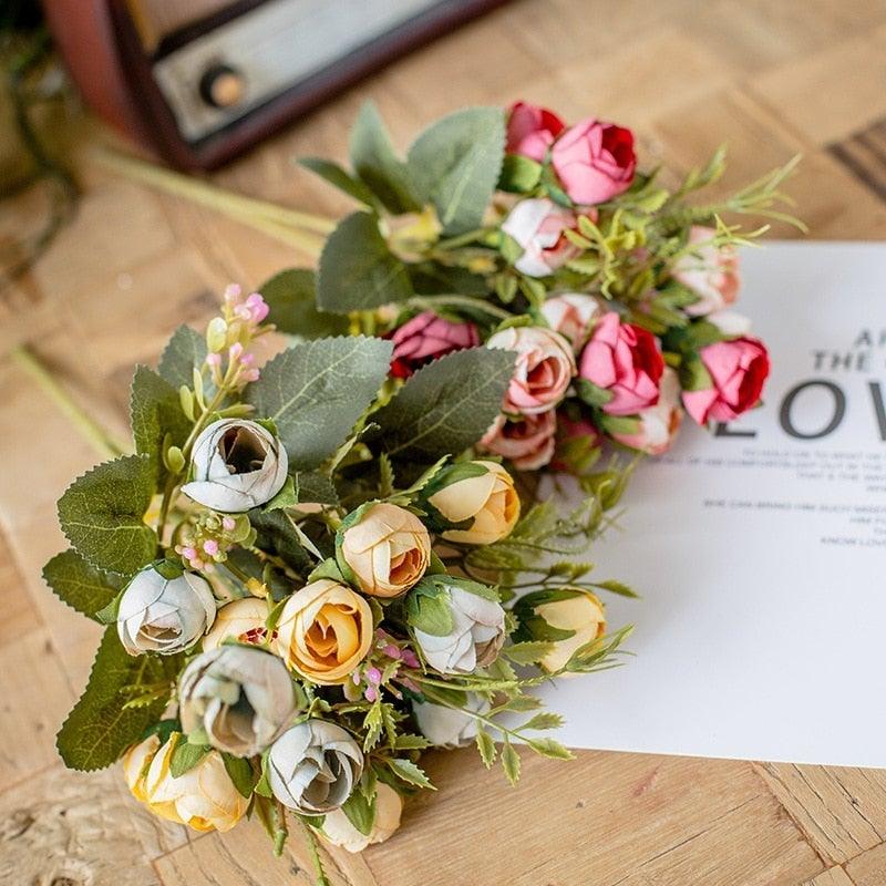Stevvex silk tea rose bouquet, 15-head pastel roses with green foliage for wedding decor on Tampa Home & Garden Store