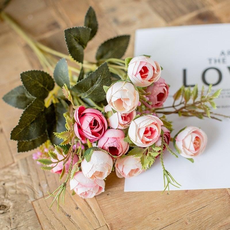 Silk tea rose bouquet, 15 heads, pink-white artificial flowers, Stevvex ST50DE7312VAE on Tampa Home & Garden Store