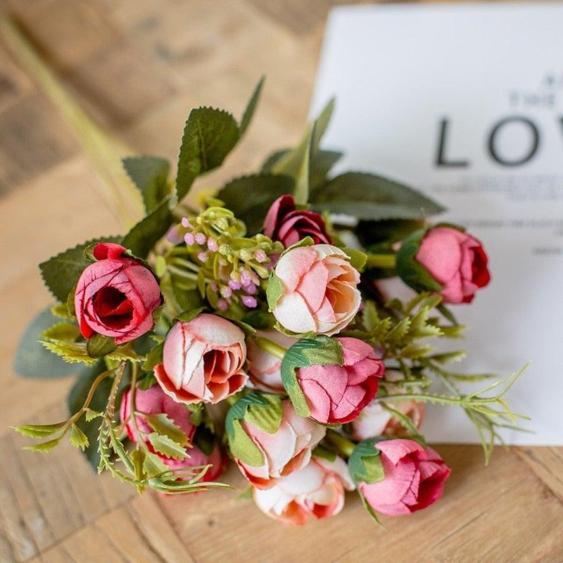 15-head pink and white silk tea rose bouquet with green foliage Stevvex for wedding decor on Tampa Home & Garden Store