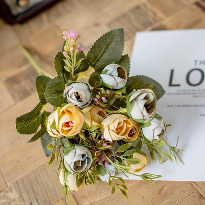 Silk tea rose bouquet, 15 heads, Stevvex, peach/cream and blue-gray blooms with foliage on Tampa Home & Garden Store