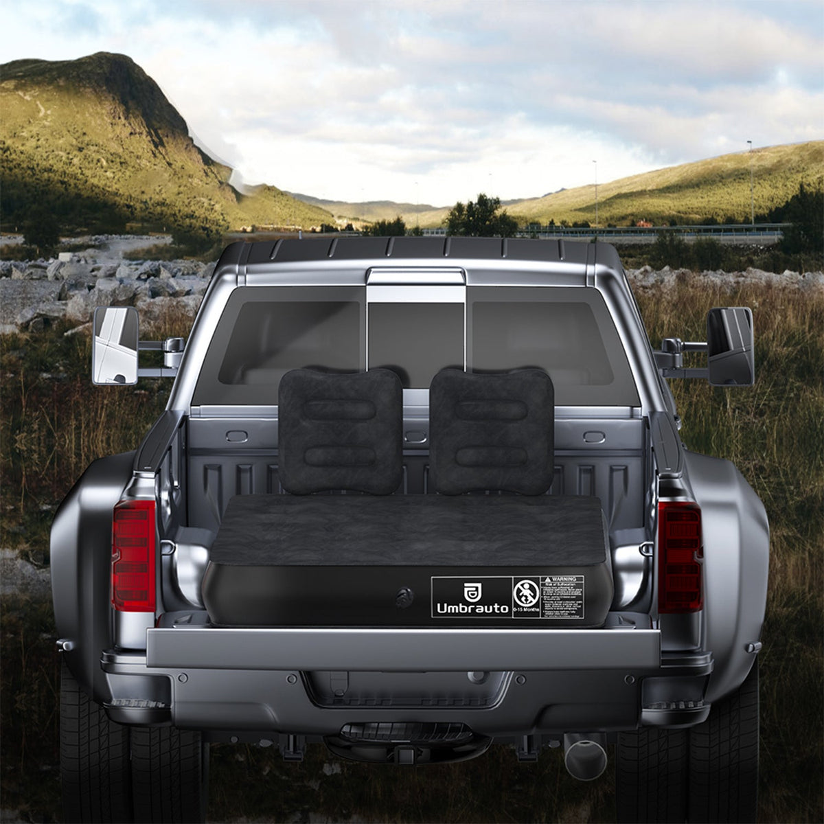 Umbrauto 5.5-6.5 ft square truck bed air mattress in black with two cushions in pickup bed on Tampa Home & Garden Store