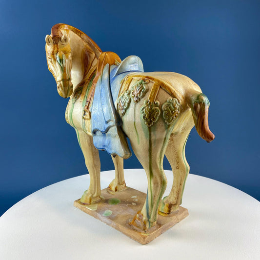 16.5" Tang Dynasty Like Ceramic War Horse. Chinese Sancai 3 Color Streaked Glaze. Collectible Animal Figurine. Gift for Him. Art Home Decor. - Tampa Home & Garden Store