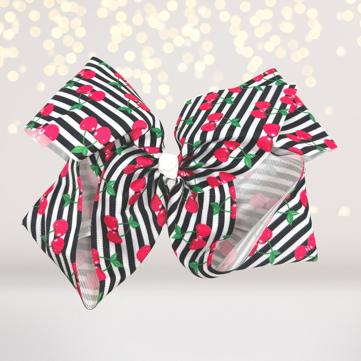 Hair bows set, 2 pcs, 8 inch oversized, black-and-white striped with red cherries pattern on Tampa Home & Garden Store