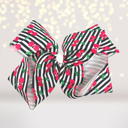 Hair bows set, 2 pcs, 8 inch oversized, black-and-white striped with red cherries pattern on Tampa Home & Garden Store