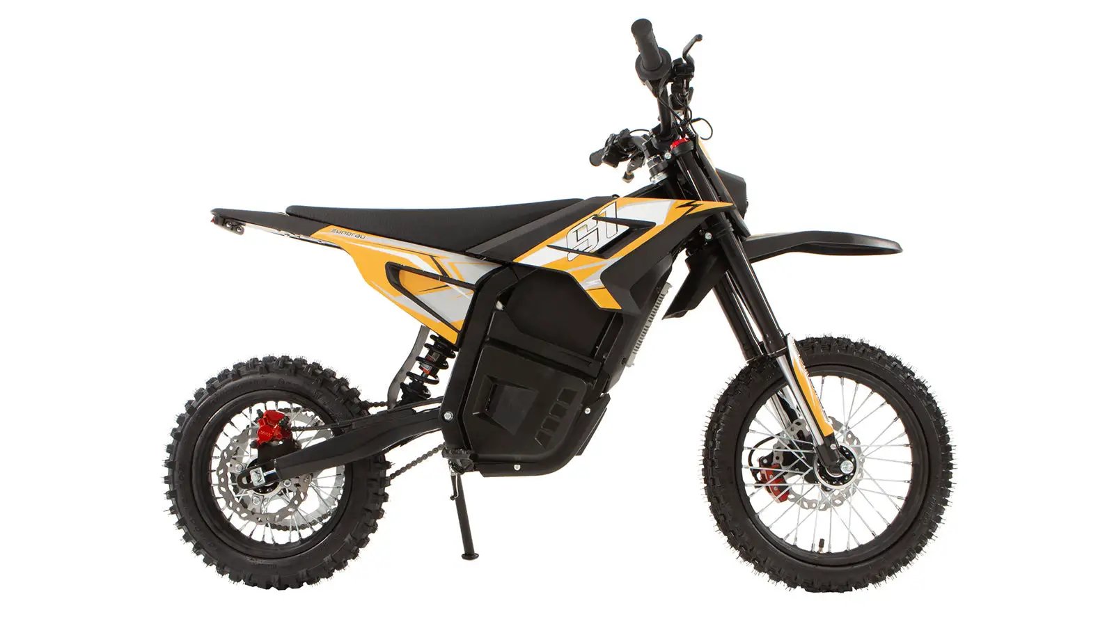 S1 E-Dirt Bike by EUNORAU E-BIKE US, yellow/black with knobby off-road tires on Tampa Home & Garden Store
