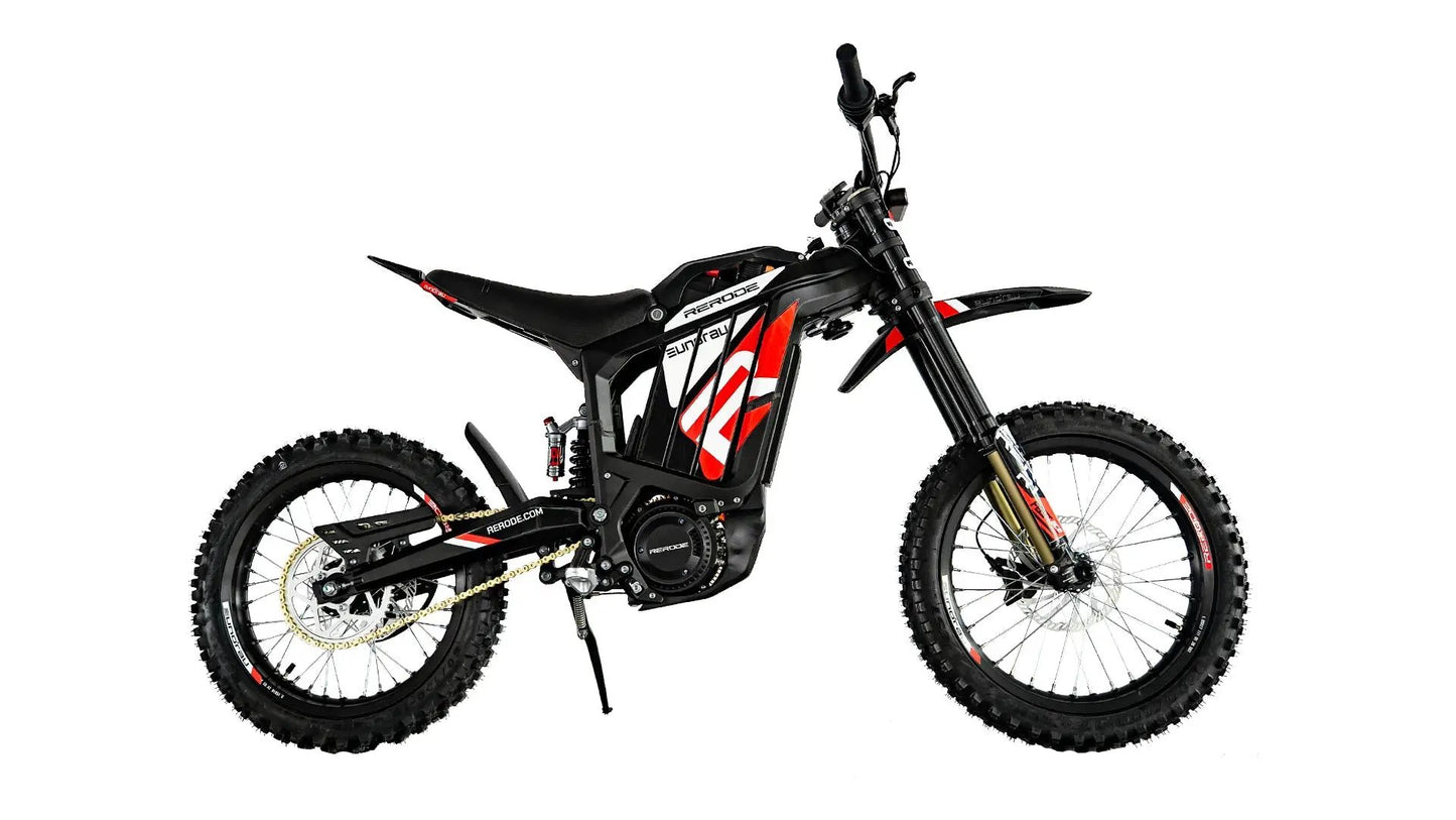 R1-17 e-dirt bike by EUNORAU, black frame with red white graphics, knobby tires on Tampa Home & Garden Store