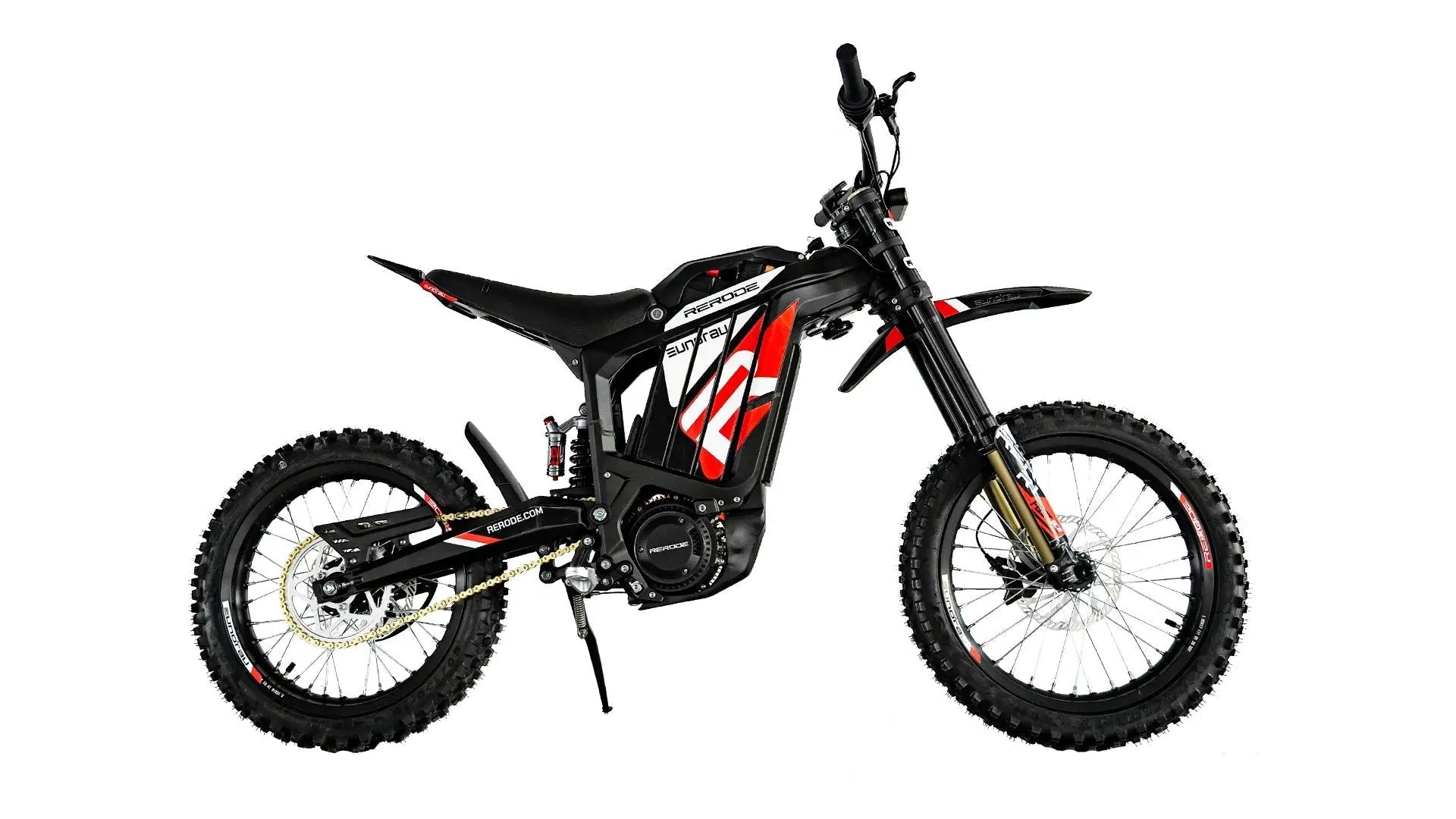 R1-17 e-dirt bike by EUNORAU, black frame with red white graphics, knobby tires on Tampa Home & Garden Store