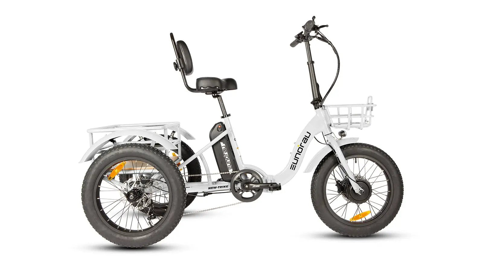 Electric Trike Foldable City Model 2.0 white frame with front basket and rear rack by EUNORAU E-BIKE US on Tampa Home & Garden Store