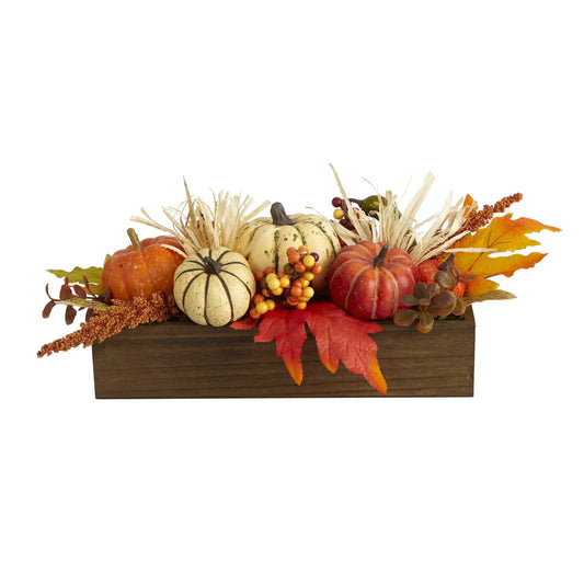 Harvest Pumpkin and Berries in Wood Vase artificial arrangement by Nearly Natural on Tampa Home & Garden Store